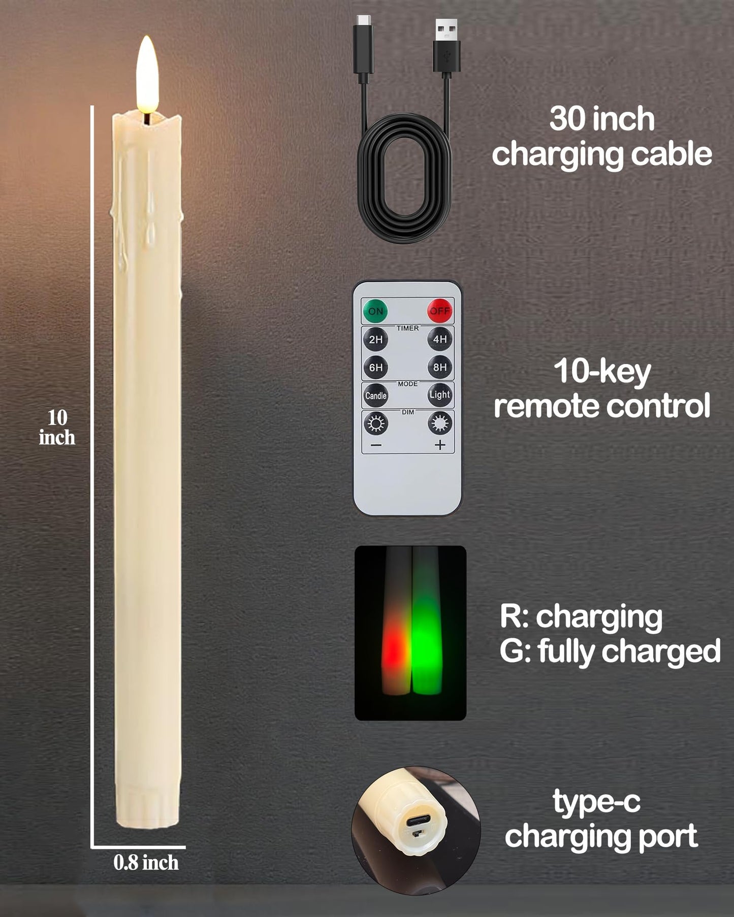Gmnee 9.6" Rechargeable Flameless Taper Candles with Remote, Timer, Dimmer, Ivory LED CandleSticks, 6 Pack Long Candles Battery Operated for Window, Table, and Mantel Decor