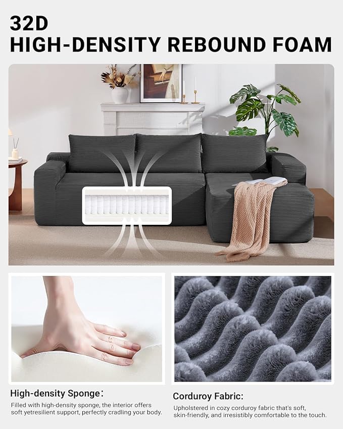 Vanress 97" Cloud Couch Sectional, Corduroy Boneless Couch with L-Shape Chaise,Modern Modular Sectional Sofa Comfy Deep Seat for Living Room, Bedroom, No Assembly (Dark Grey, Right Facing Chaise)