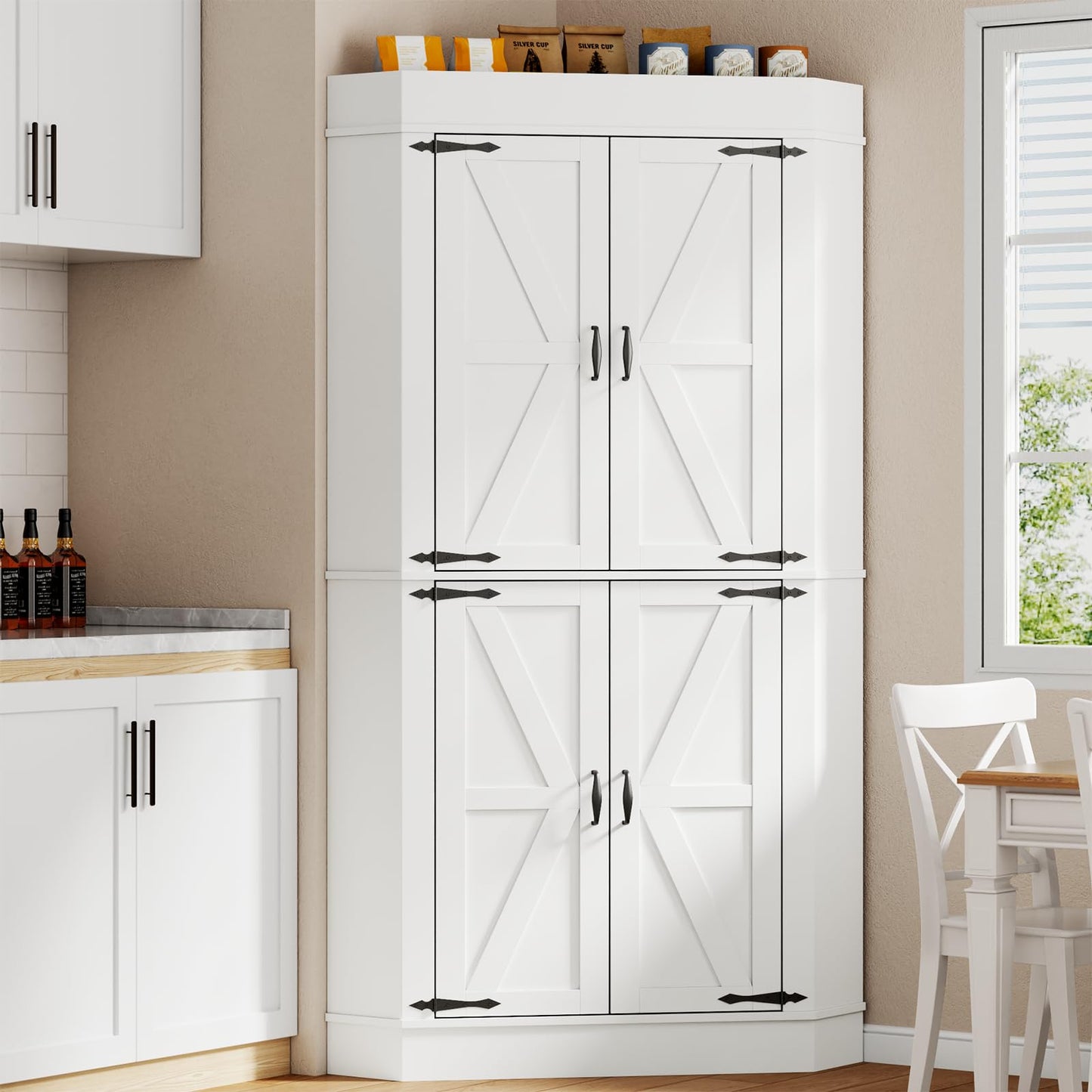 Gyfimoie Corner Cabinet,Kitchen Pantry Storage Cabinets,Freestanding Corner Pantry Cabinet with 4 Doors and Shelves,Tall Food Pantry Farmhouse Furniture with Side Rack for Kitchen Dining Room (White)