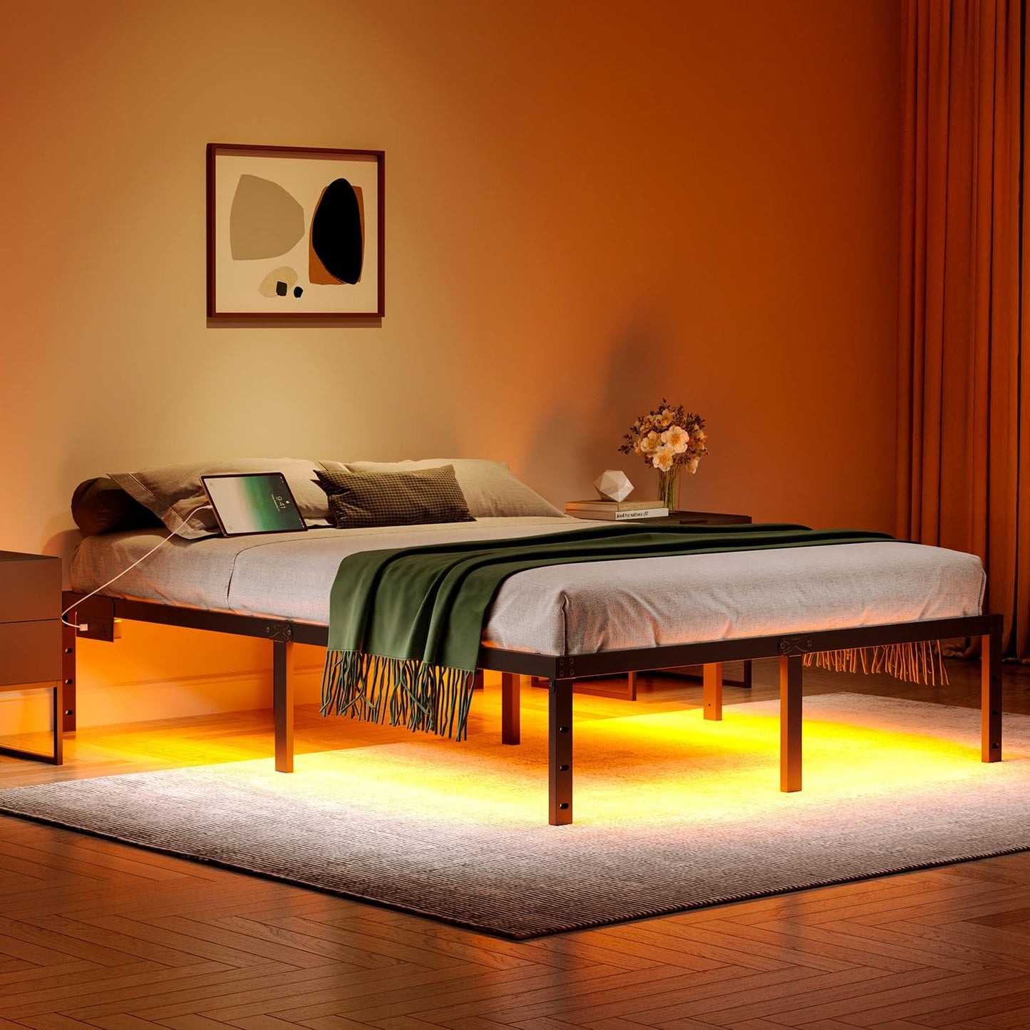 HAVONIZD Queen Bed Frame with LED Lights & Charging Station - 14 Inch Heavy Duty Metal Platform Bed Frame No Box Spring Needed, Easy Assembly, No Noise
