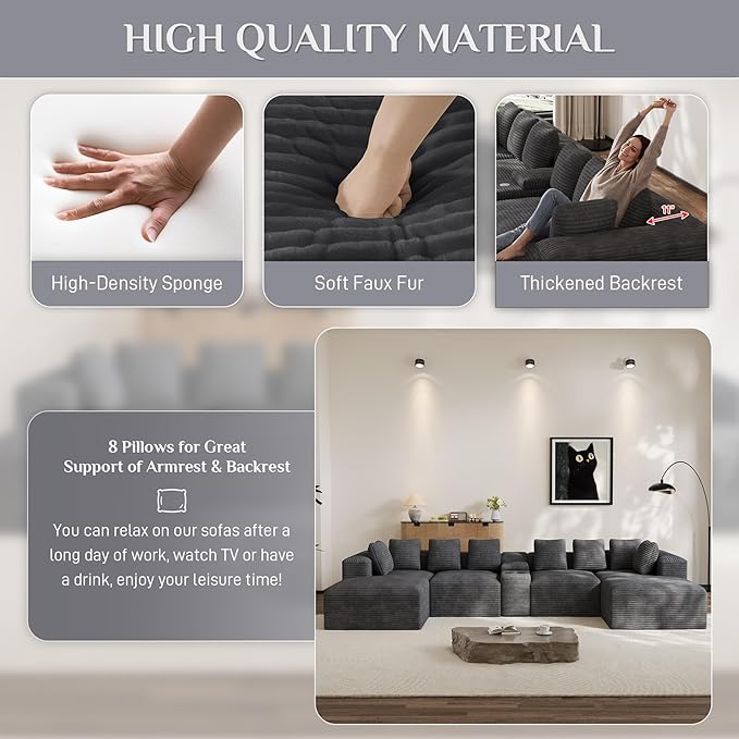 Modular Sectional Sofa with USB Cup Holders Storage, 143" U Shaped Cloud Couch Plush Corduroy Deep Seat Boneless Sofas with Double Chaise Lounge Memory Foam Couches for Living Room - Dark Grey
