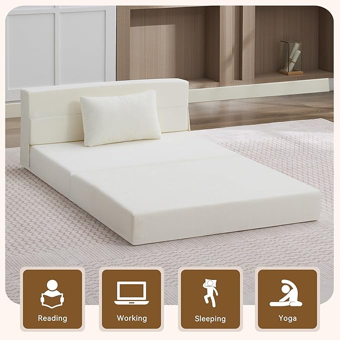 WUTUTUEE Folding Sofa Bed Convertible Floor Couch Foldable Chair Bed with Pillow，Linen Sleeper Chair Futon,Foldable Memory Foam Mattress for Bedroom/Living Room/Dorm/Office (Beige, Standard)