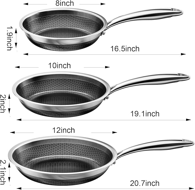 FogDream 3 Pcs Non Stick Frying Pans without Lids, 8, 10 & 12 Inch Stainless Steel Skillets, Tri-Ply Stainless Steel for All Cooktops, Dishwasher & Oven-Safe Cooking Pan, Stay-Cool Handle, Silver