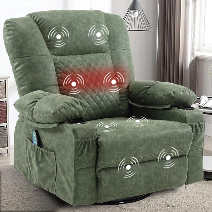 Comermax Massage Recliner Chair with Heat, 360° Swivel Rocker Recliner Chair with Cup Holders, 150° Recline PU Leather Recliner for Living Room, Dark Green