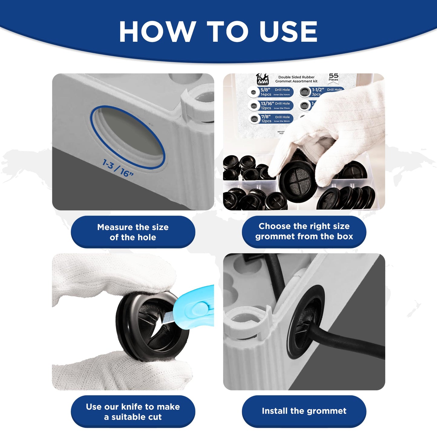 55Pcs Rubber Grommets kit, Firewall Hole Plugs in 6 Assorted Sizes 5/8",13/16",7/8",1",1-3/16",1-1/2"- Round Rubber Grommets for Wiring & Waterproof Wire Grommet kit - Ideal Wire Protection Solution