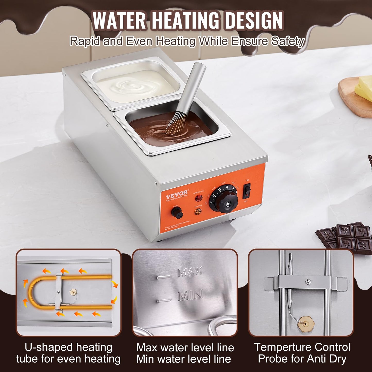 VEVOR Chocolate Tempering Machine, 9 Lbs 2 Tanks Chocolate Melting Pot TEMP Control 86~185℉, 1500W Stainless Steel Electric Commercial Food Warmer For Chocolate/Milk/Cream Melting and Heating