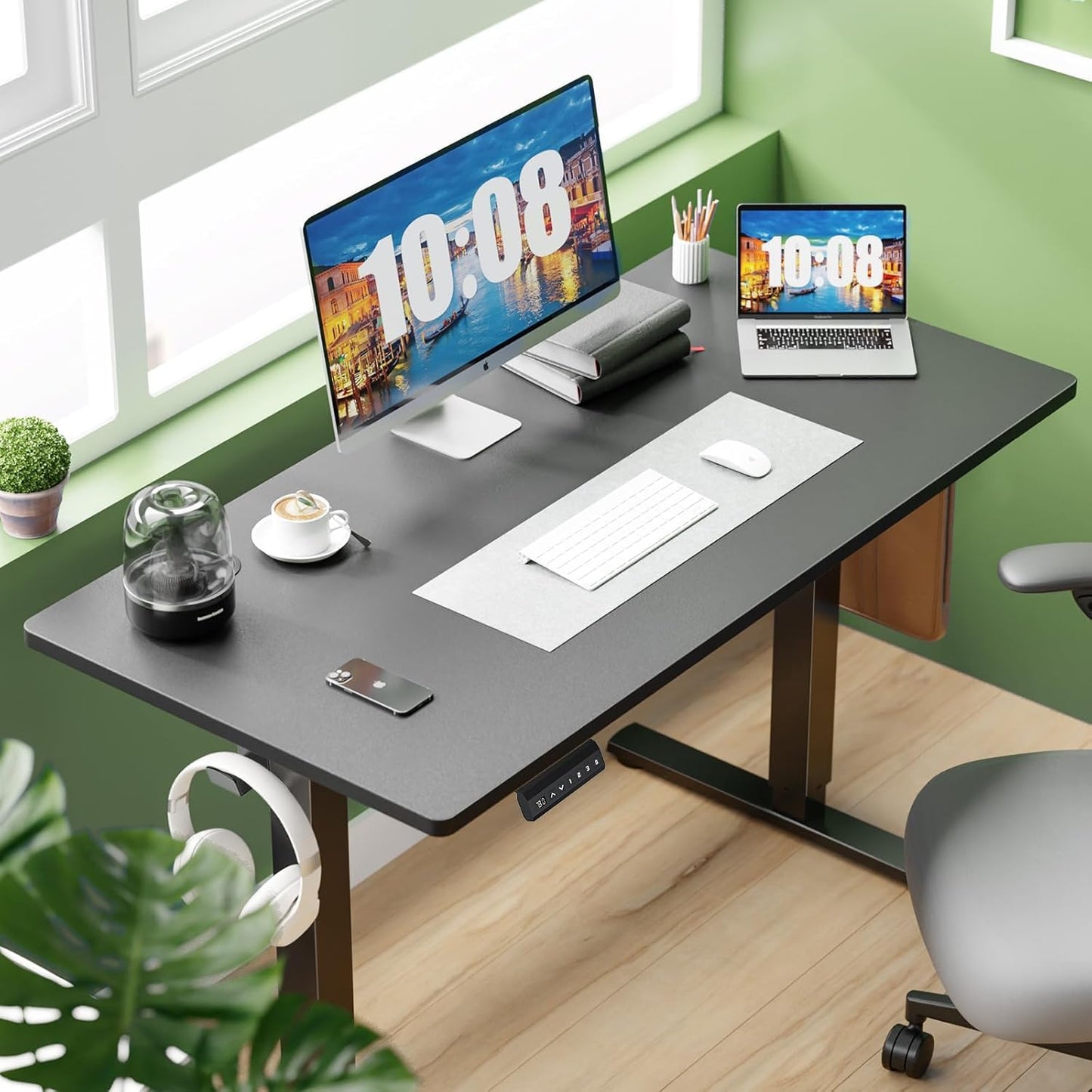 Whitmor Electric Standing Desk - 48 x 24 Inch Height Adjustable Computer Desk, Sit to Stand Home Office Table with Splice Board, 2 Hooks & Wire Hole, Black