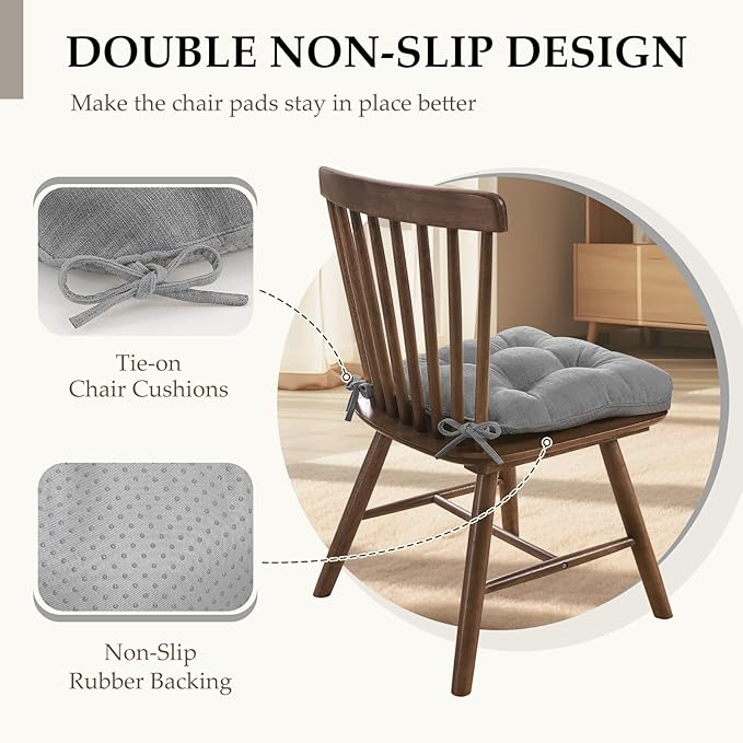 HARBOREST Chair Cushions for Dining Chairs Set of 4 - Chenille Tufted Kitchen Chair Cushions with Ties and Non-Slip Bottom, Foam Chair Pads for Dining Chairs, 17" x 17", Light Grey