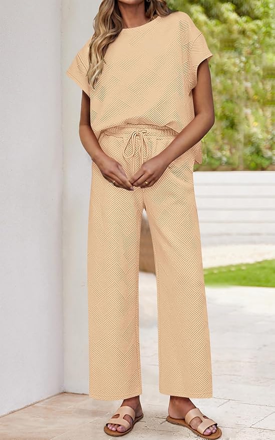 PRETTYGARDEN 2 Piece Outfits For Women Casual Tracksuit Short Sleeve Tops And Wide Leg Long Pants Matching Lounge Sets