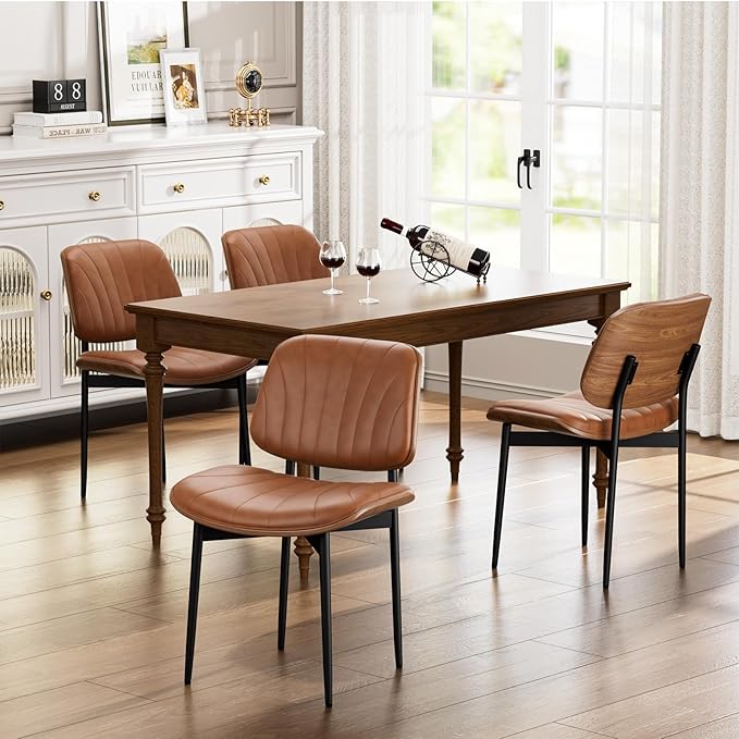 YaFiti Dining Chairs Set of 8, Dining Room and Kitchen Chairs, Mid Century Modern Accent Chair, Upholstered PU Leather Chairs for Vanity with Walnut Bentwood and Metal Legs, Light Tan