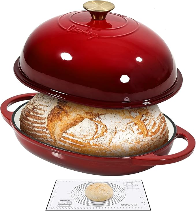 Davivy 6QT Oval Bread Dutch Oven with Silicone Baking Mat, Enameled Cast Iron Dutch Oven for Sourdough Bread Baking 6QT, Cast Iron Sourdough Bread Pan with Domed Lid - Ruby Red