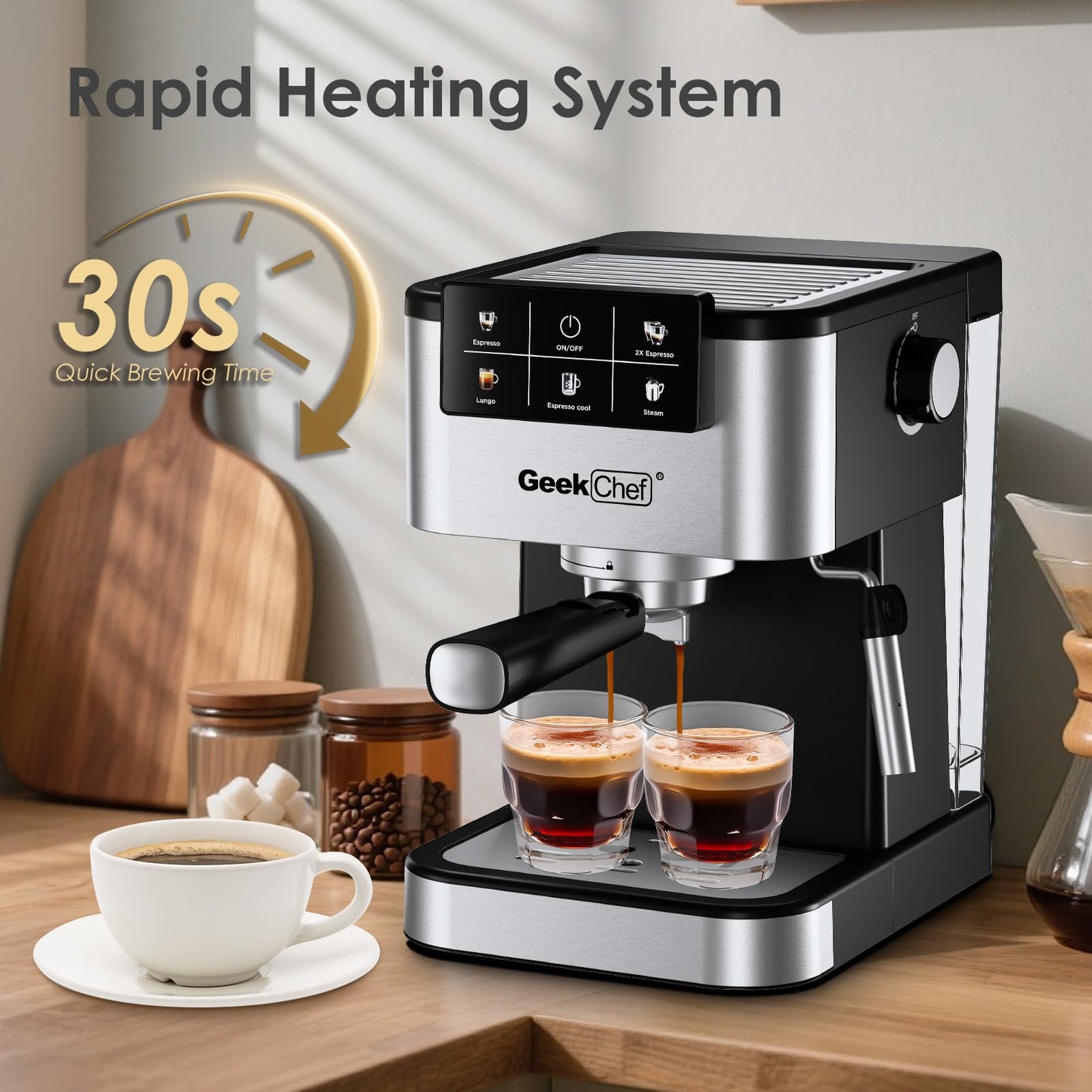 Geek Chef Espresso Machine, 20 Bar Espresso and Cappuccino Coffee Maker, Quick Heating Automatic, Latte & Cappuccino Creator, for Home, for Gift to Family, Friends, Coffee Shops