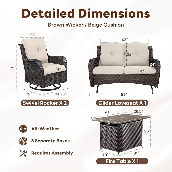 Belord 4 Piece Patio Furniture Set with Fire Pit Table - 41inch 50000 BTU Propane Fire Pit Table with High Back Loveseat Glider Chair and 2 Swivel Rocker Chair for Casual Gathering