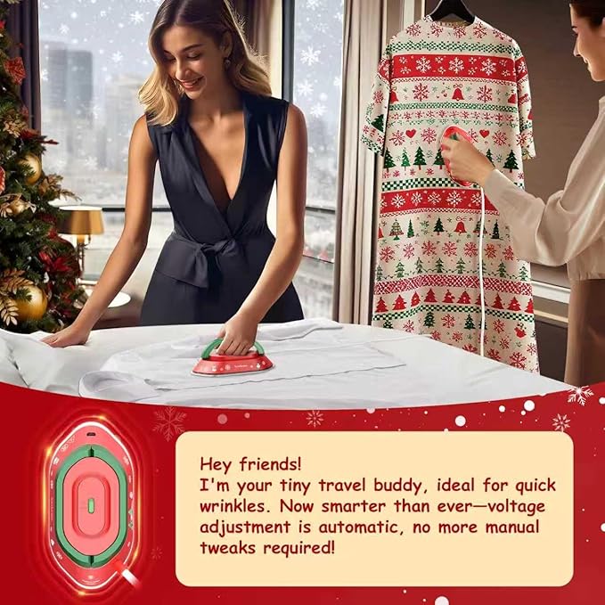 Newbealer Travel Iron with Global Voltage, Christmas Ready Gift, 100-240V Mini Dry Iron (No Steam), Max 300W, 60s Heat to 302℉, 0.8lbs, Festive Hard Case Included, Xmas Special Edition (Red)