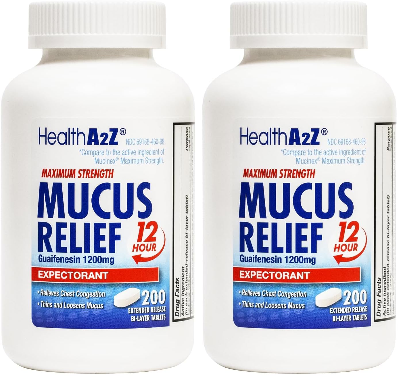 HealthA2Z® Mucus Relief | Guaifenesin 1200 mg | 12 Hour | Expectorant | Relieves Chest Congestion | Thins and Loosens Mucus (200 Tablets) (Pack of 2)