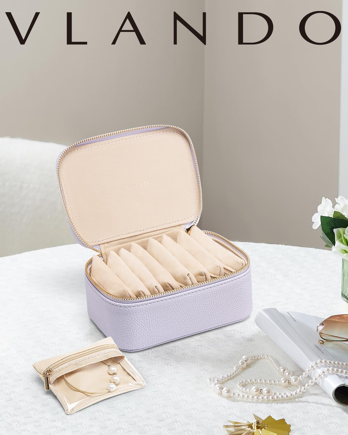 Vlando Jewelry Travel Organizer with 8 Velvet Jewelry Bags Travel Jewelry Box for Women Girls Jewelry Organizer Storage for Rings Earrings Birthday Christmas Gifts for Mom Wife Daughter-Purple