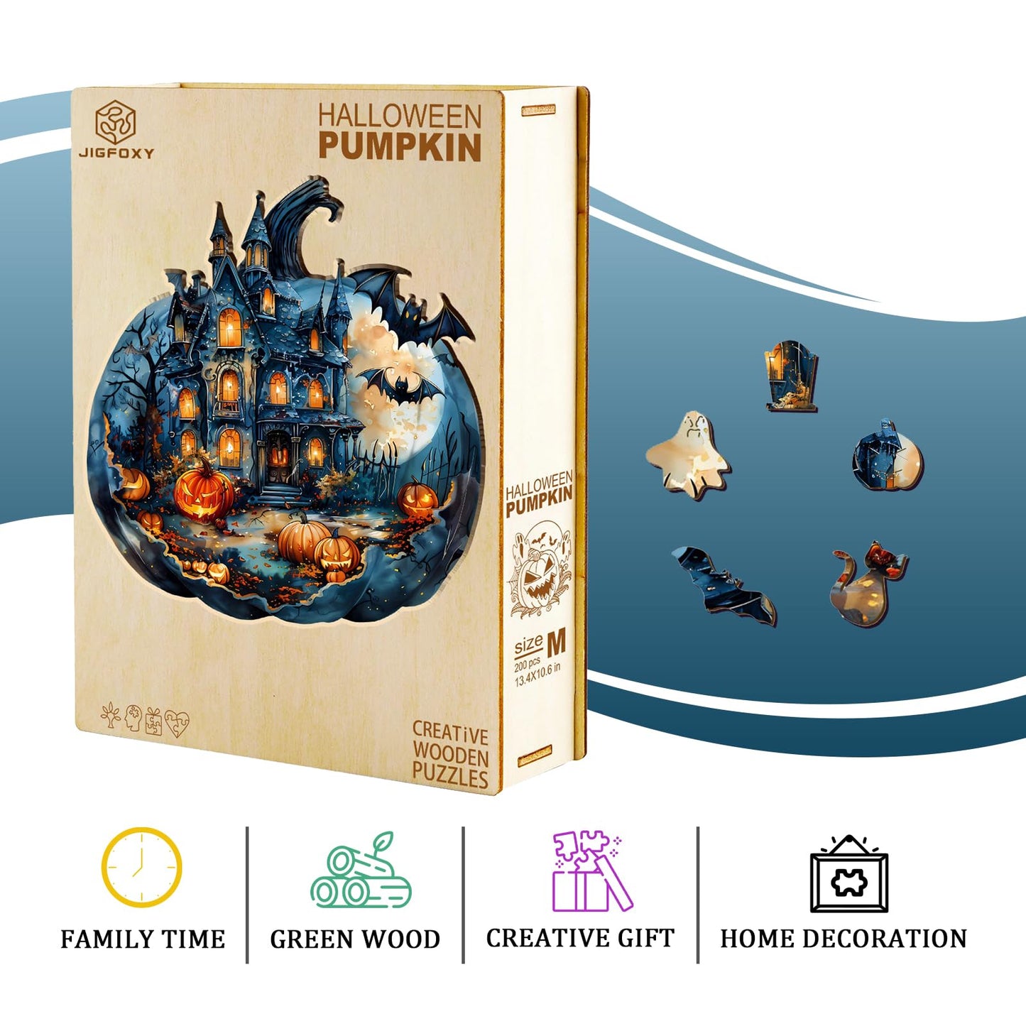 Jigfoxy Wooden Puzzles for Adults, Halloween Pumpkin Wood Puzzles Adult, Unique Animal Shape Wooden Jigsaw Puzzles for Adults, Birthday Gifts for Puzzle Lovers, Family (S-8.5 * 7.8in-100pcs)