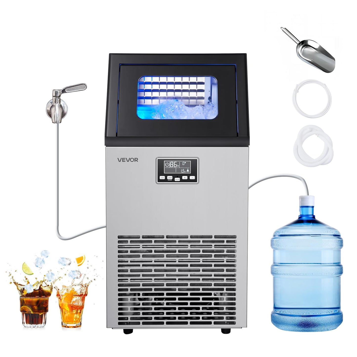 VEVOR Commercial Ice Maker Machine with 2 Water Inlets, 120 lbs/24h with 28Lbs Storage, Stainless Steel Freestanding & Under Counter Ice Maker with LED Display & Self-Cleaning, for Home Bar Restaurant