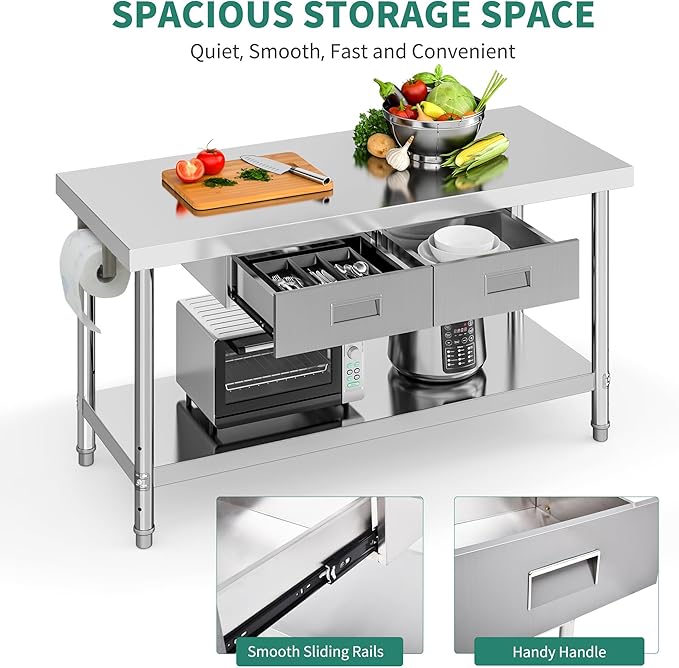 YITAHOME 60" X 24" Stainless Steel Table with Paper Towel Holder and 2 Drawers, NSF Work Table with Drawer, Metal Table Prep Table for Home Kitchen Restaurant Garage Warehouse
