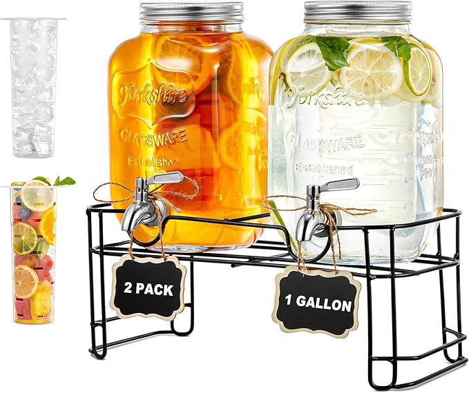 Drink Dispensers for Parties 1 Gallon, 2-PACK Glass Beverage Dispenser with Leakproof Stainless Steel Spigot, Stand, Ice C...
