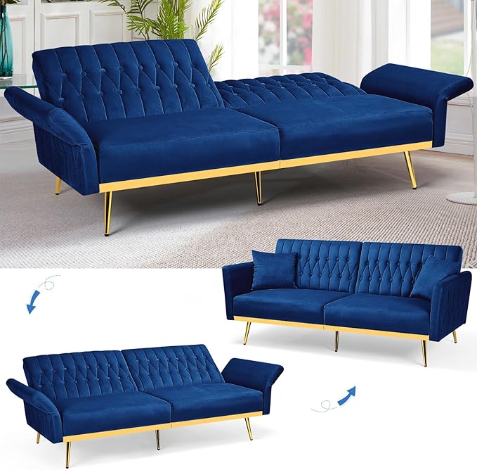 ACMEASE 70” Velvet Futon Sofa Bed w/Adjustable Armrests and Backrest, Convertible Futon Couch w/2 Pillows, Modern Sleeper Bed for Living Room, Bedroom, Blue