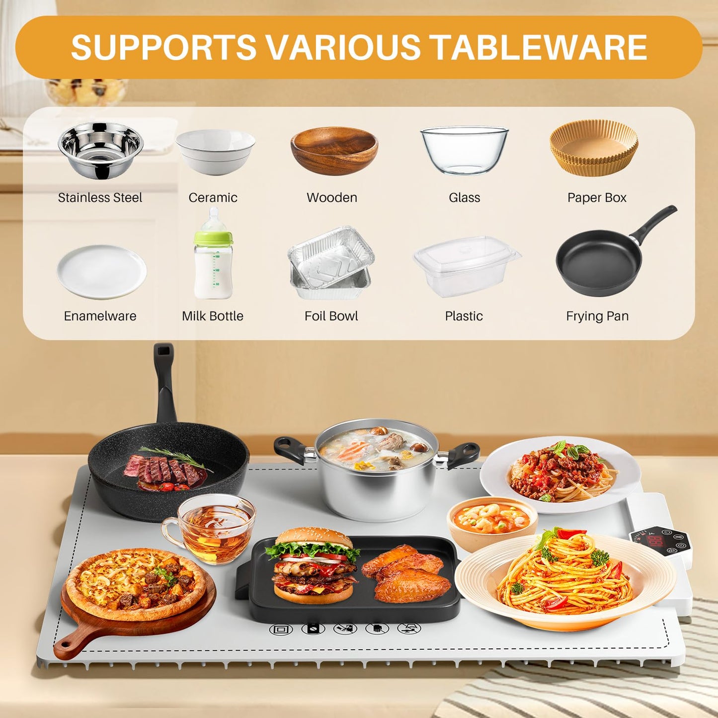 CJC Warming Mat for Food-Electric Warming Tray and Full Surface Heating,5 Temp Settings,4H Timer,Rollable Portable,24H Heating by Appointment,with 2M Cable,for Parties Gatherings Daily Use(White)