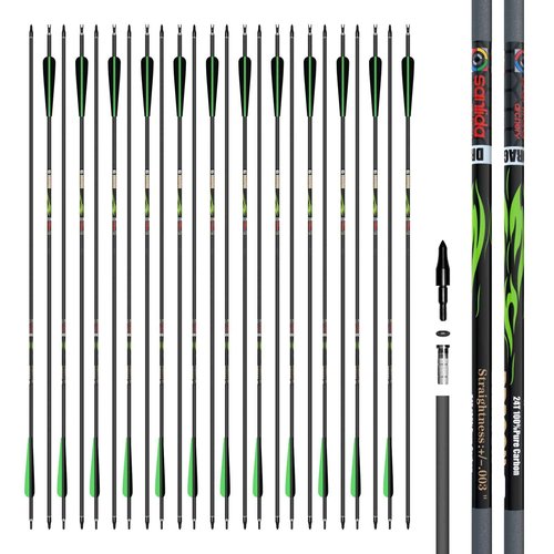 sanlida 24 PCs, 100% Pure Carbon, 0.003'' Straightness, Dragon 9 Flagship 24T Carbon Hunting Arrows for Compound Bow, Professional Standard Hunting Arrows with Removable Tips (290 Spine)