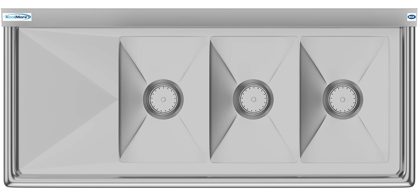 KoolMore - SC101410-12L3 3 Compartment Stainless Steel NSF Commercial Kitchen Sink with 1 Drainboard - Bowl Size 10" x 14" x 10", Silver
