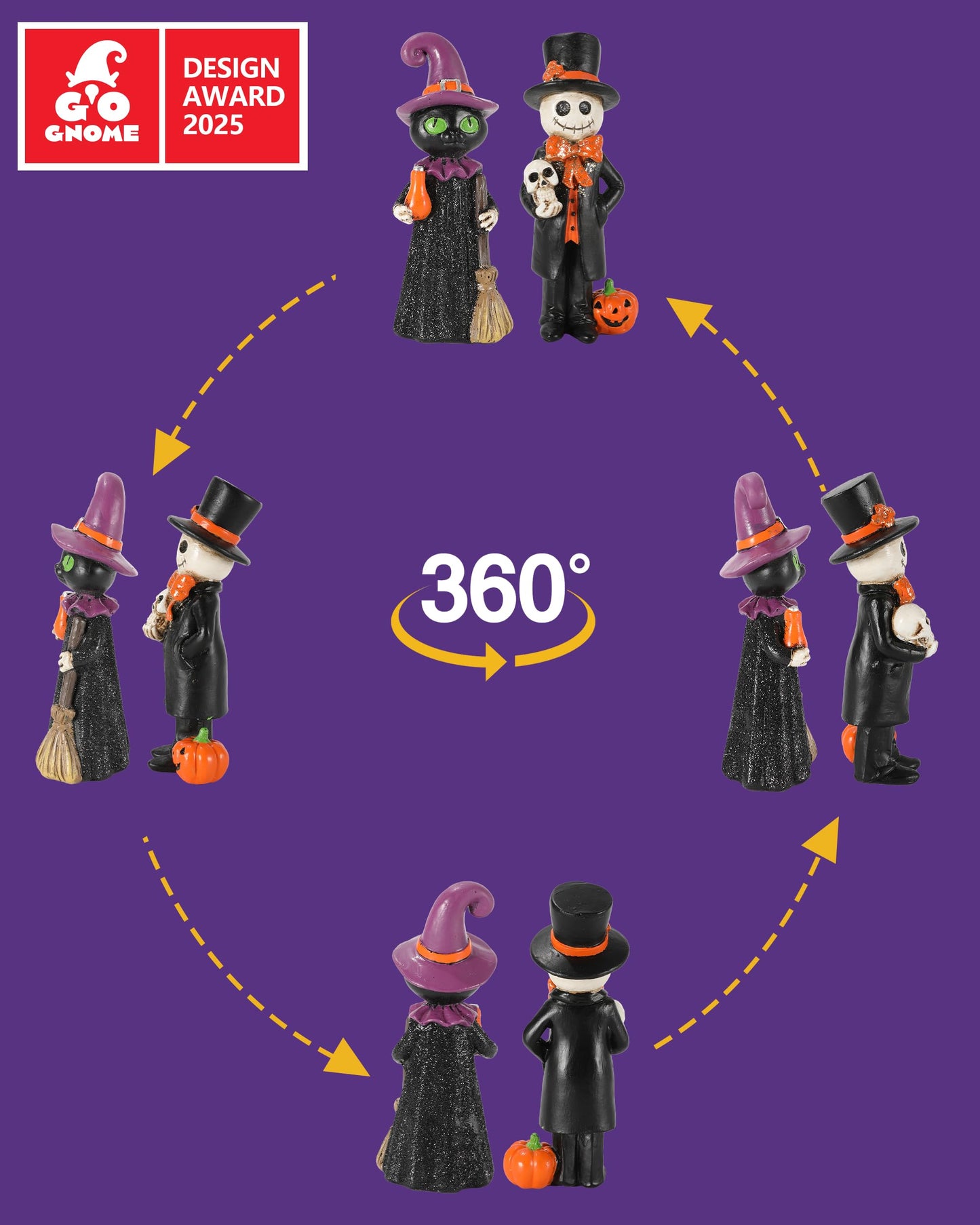 GoGnome Cute Halloween Decor - 2-Pack 4.5'' Resin Skeleton Gentleman and Witch Broom Figurines - Indoor Halloween Decorations for Home Mantle Fireplace Party Gifts (Ghost & Witch)