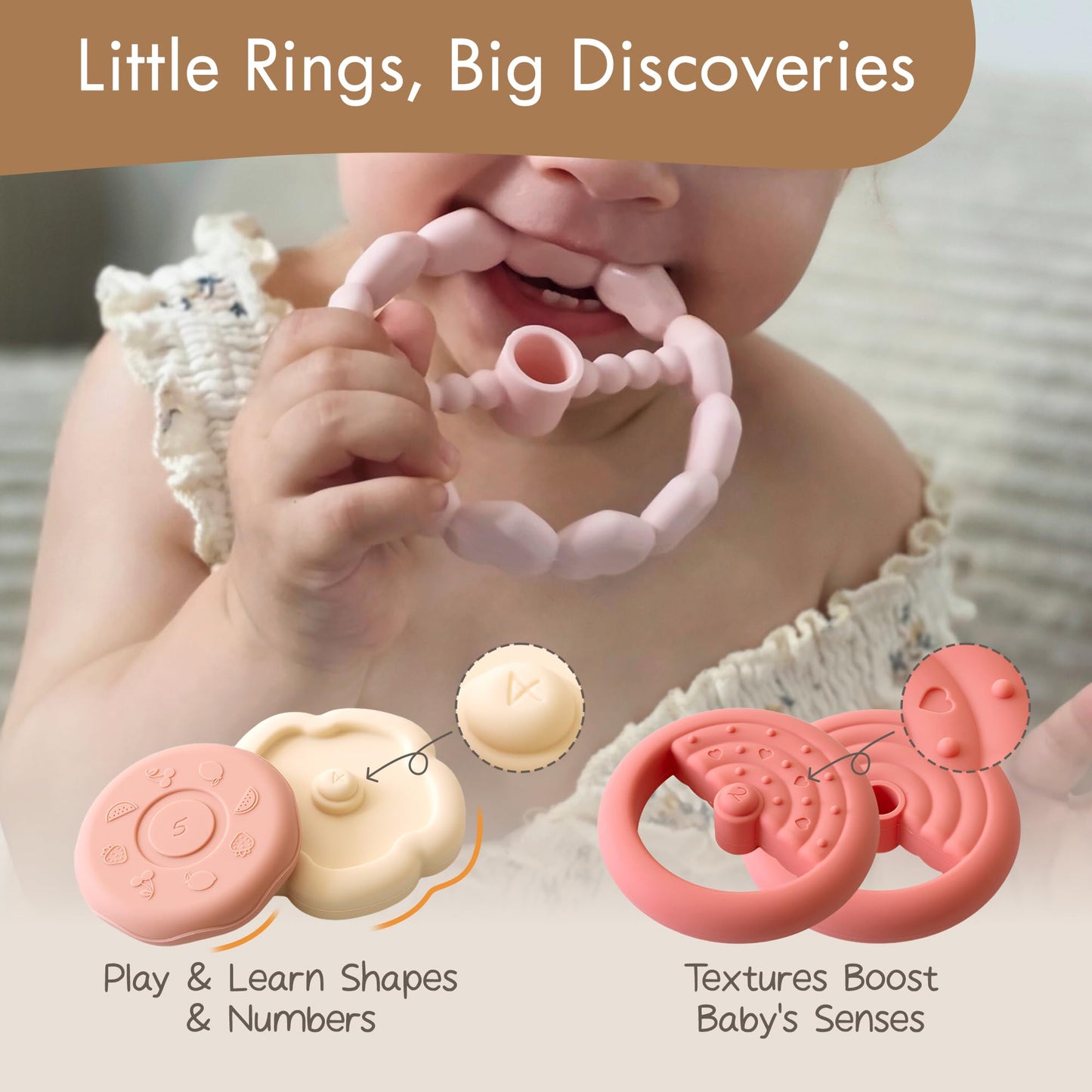 Moonkie Bunny Baby Stacking Toys | 7-Piece Silicone Rings for Teething Relief | Educational Toy for Infants & Toddlers 6 Months+ | Baby Girl Essentials
