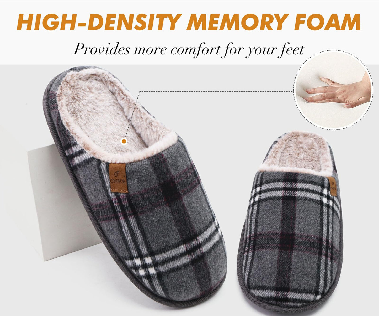 COFACE Mens Grey Flano Plaid Cozy Memory Foam scuff Slippers Slip On Warm House Shoes Indoor/Outdoor With Best Arch Support Size 11