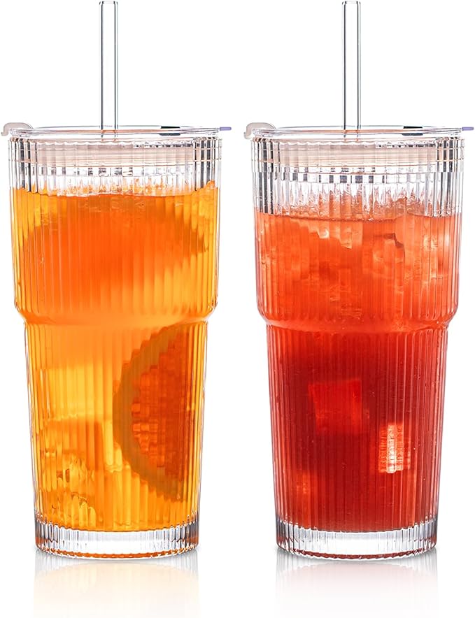 INSETLAN 20 oz Ribbed Glass Tumblers with Lids and Glass Straws – 2-Piece Glassware Set, Heavy-Duty Tumblers, Ideal for Ic...