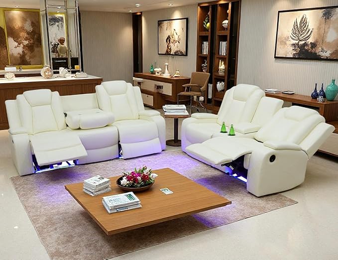 Toseslo Living Room Furniture Sets with LED Light, Power Recliner Sofa Set, Leather Sectional Sofa and Loveseat, Modern Power Reclining with Storage Console/Cup Holder for Living Room(Creamy White)