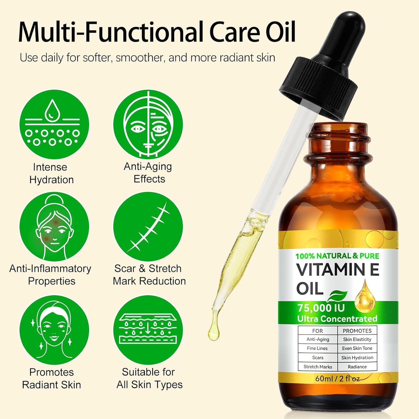 2 Pack Pure Vitamin E Oil, 75,000 IU Ultra Concentrated & Natural for Stretch Mark/Scars Treatment, Smoothing & Moisturizing Skin & Hair & Cuticles, Cold Pressed/Hexane Free/Non-GMO, 60ML/2Fl Oz