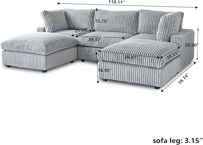 Modular Sectional Sofa/ 118inch Cloud Couches with Ottoman for Living Room/Soft Faux Rabbit Fur U Shaped Couch with Chaise,5 Seater Wide Convertible Sofa,Covers Washable&Replaceable,Grey