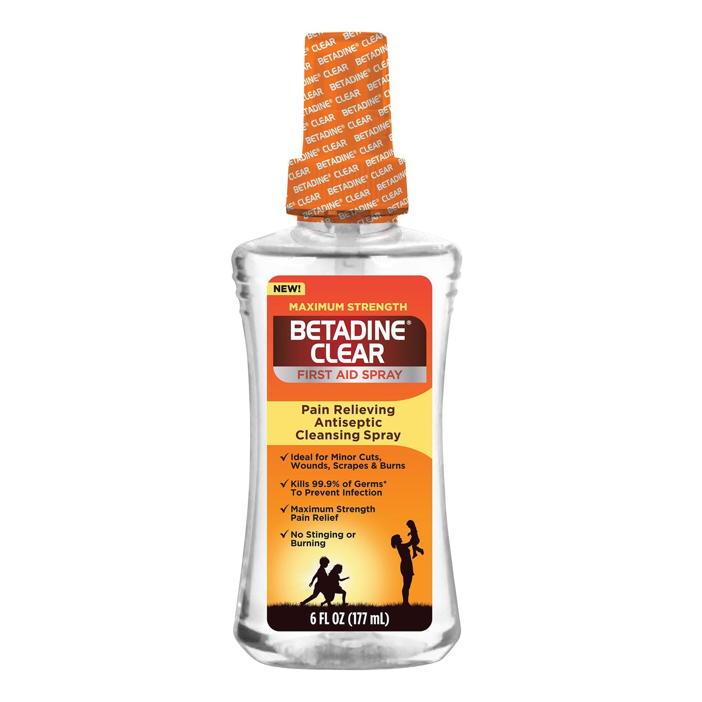Betadine Clear First Aid Spray, Max Strength Pain Relieving Antiseptic Cleansing Spray, No Stinging, Kills 99.9% of Germs*, Helps Prevent Infections, 6 oz