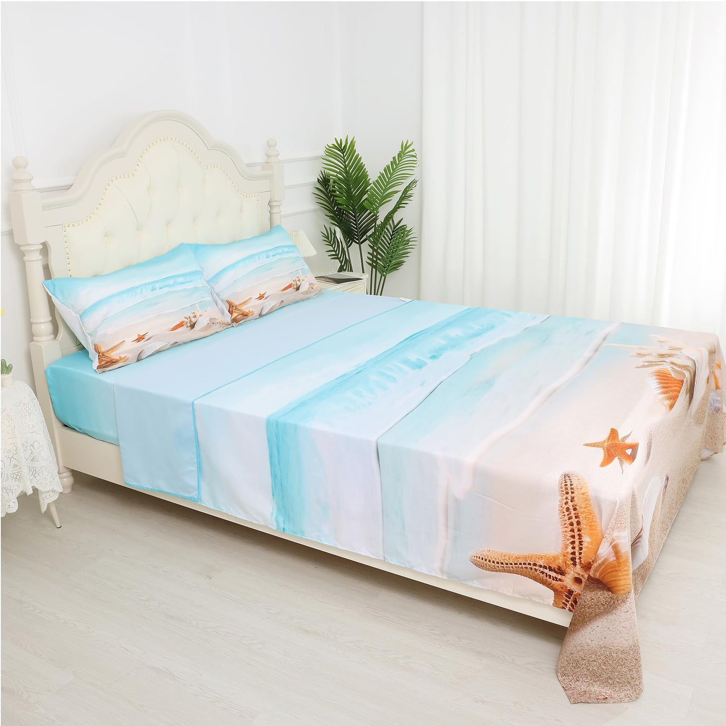Beach Bed Sheets Set Full Beach Fitted Sheet Blue Coastal Nature Theme Pattern Teal Flat Sheet Girls Women Hawaiian Top Sheet Starfish Sheet Set,1 Flat Sheet 1 Fitted Sheet 2 Pillowcases
