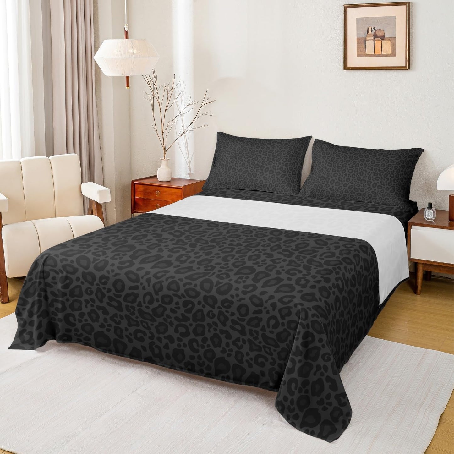 Castle Fairy Leopard Print Fitted Sheet Set Full Size 4 Pcs,Gray Wild Animal Skin Teens Sheets,African Cheetah Wildlife Bedding Sets (1 Fitted,1 Flat,2 Pillowcases) Luxury Deep Pocket Bed Sheets