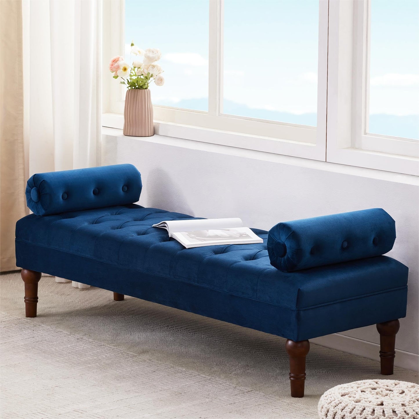 HUIMO 60.2" Velvet Bedroom Bench, Modern End of Bed Bench with Button-Tufted, Upholstered Large Ottoman Bench Seat, Entryway Benches for Living Room, Window, Closet (Blue)