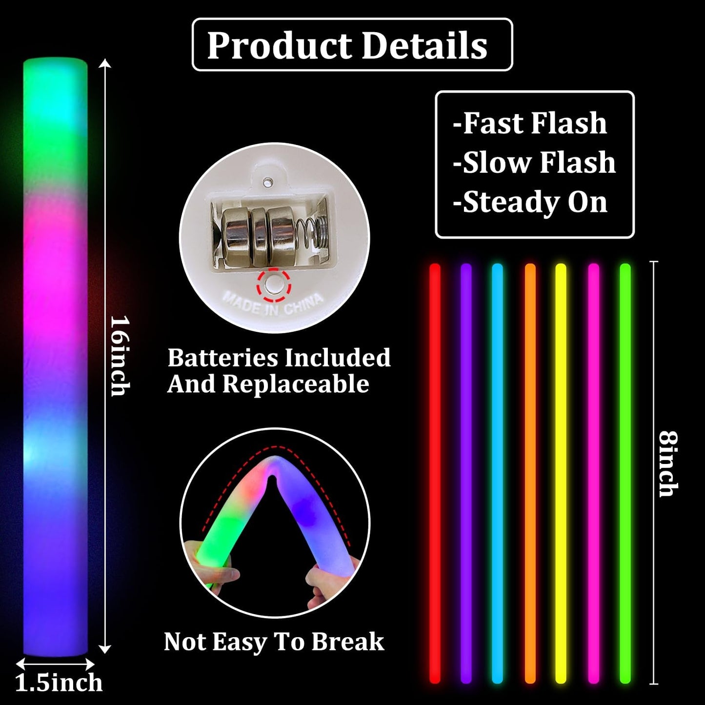 Camlinbo 148 PCS Glow in the Dark Party Supplies- 24 Pcs 16" Foam Glow Sticks, 24 Pcs LED Glasses, 100Pcs Glow Sticks Necklaces Bracelets Light Up Party Favors Pool Party Wedding Concert Halloween