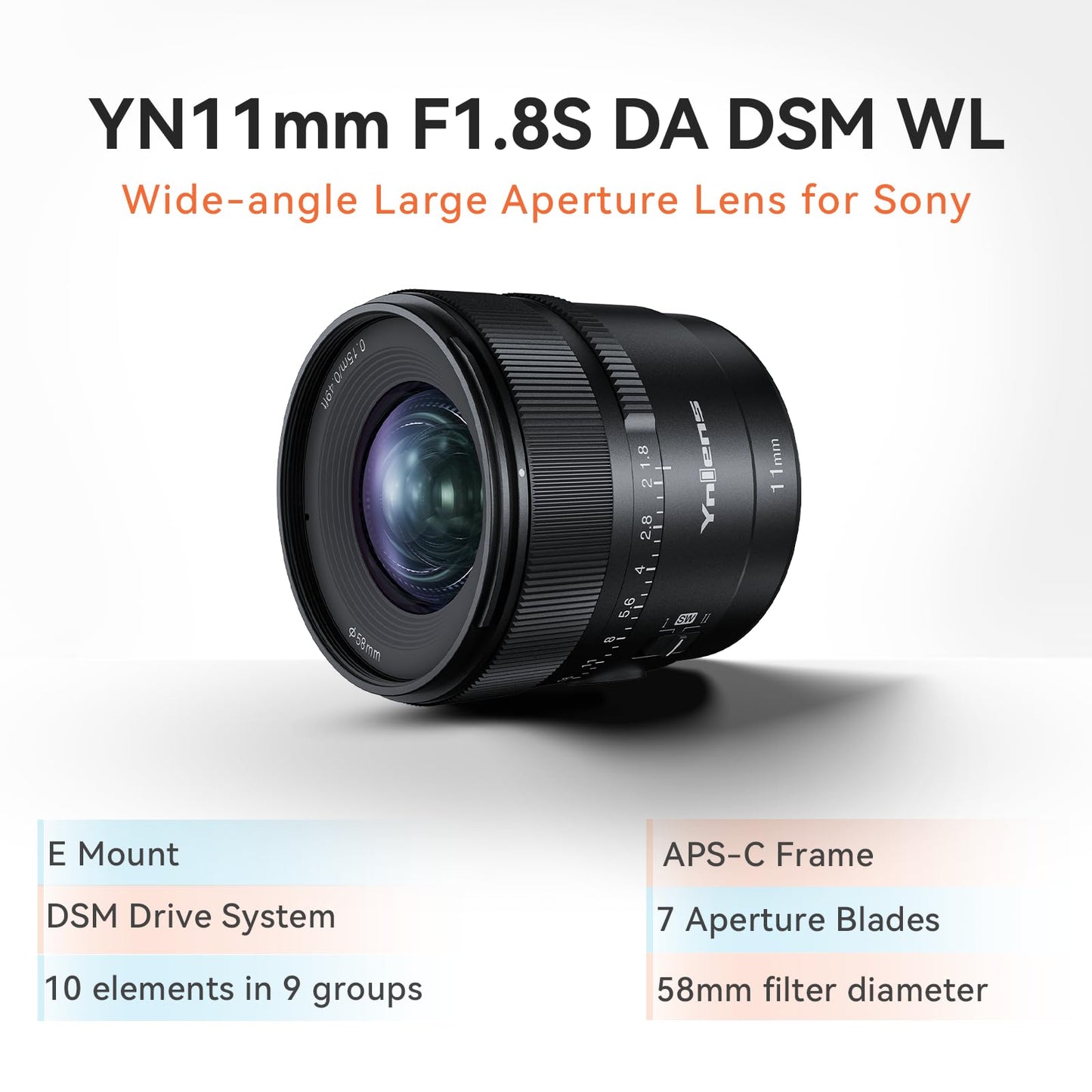 YONGNUO YN11MM F1.8S for Sony, 11mm F1.8 Large Aperture Fixed Prime Lens, Auto Focus APS-C Frame, Ultra Wide Angle Lens for Sony E Mount Mirrorless Cameras