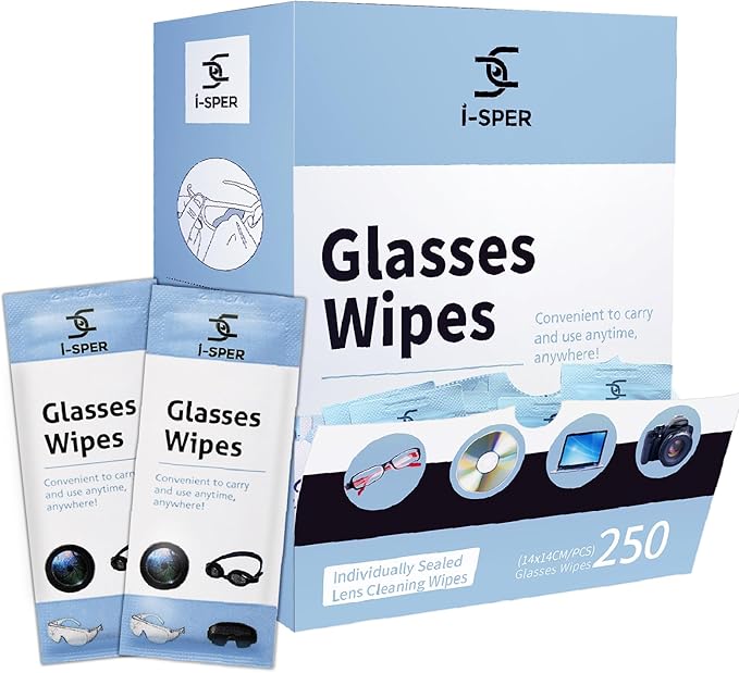 250 Count Lens Wipes for Eyeglasses, Pre-Moistened Individual Wrapped Glasses Wipes Lens Cleaner, with a Carrying Box, Defogging Screen Wipes for Sunglass, Goggles, Camera, Computer, Laptops Screens