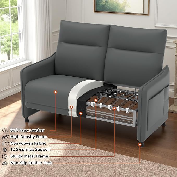 Tbillionnext Faux Leather Loveseat, Upholstered Loveseat with Hidden Foldable Tray & Side Pocket, Rear Contour Arm Design, Modern 2-Seater Sofa Couch for Small Spaces, Bedroom, Gray