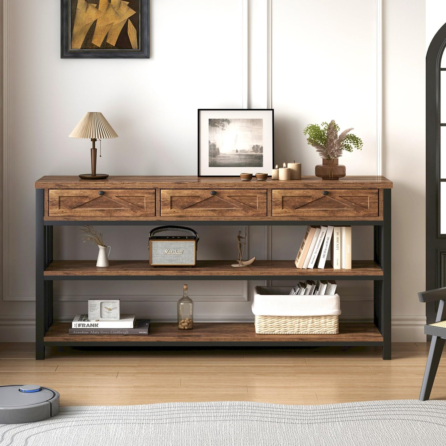HSH Entryway Table with 3 Drawers, 55” Rustic Sofa Table with Storage Shelves, 3 Tier Console Table Behind Couch for Living Room, Farmhouse Wood Metal Entry Hallway Table for Entrance, Brown, 55 inch