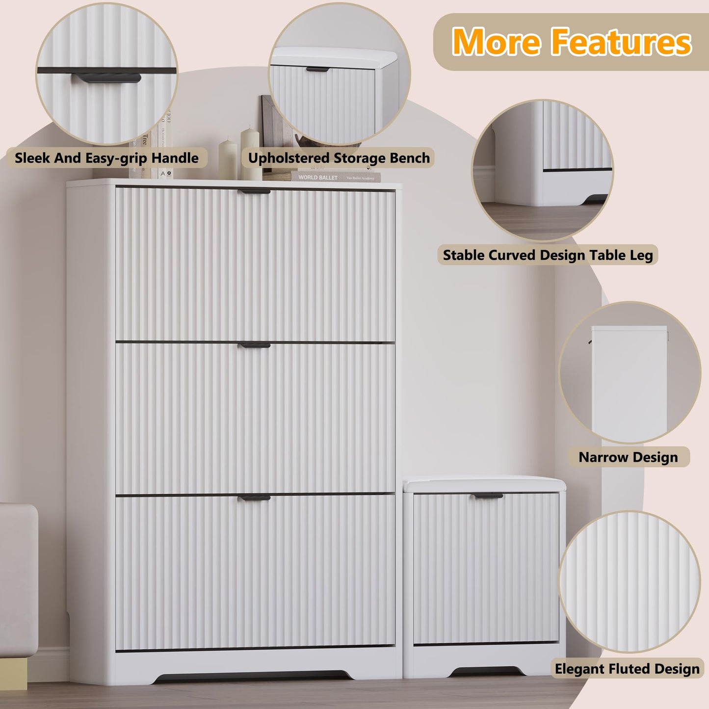 BORNOON Slim Shoe Cabinet with Bench for Entryway, Hidden Storage and Adjustable Shelves, Free Standing Wooden Shoes Organizer for Foyer, Hallway