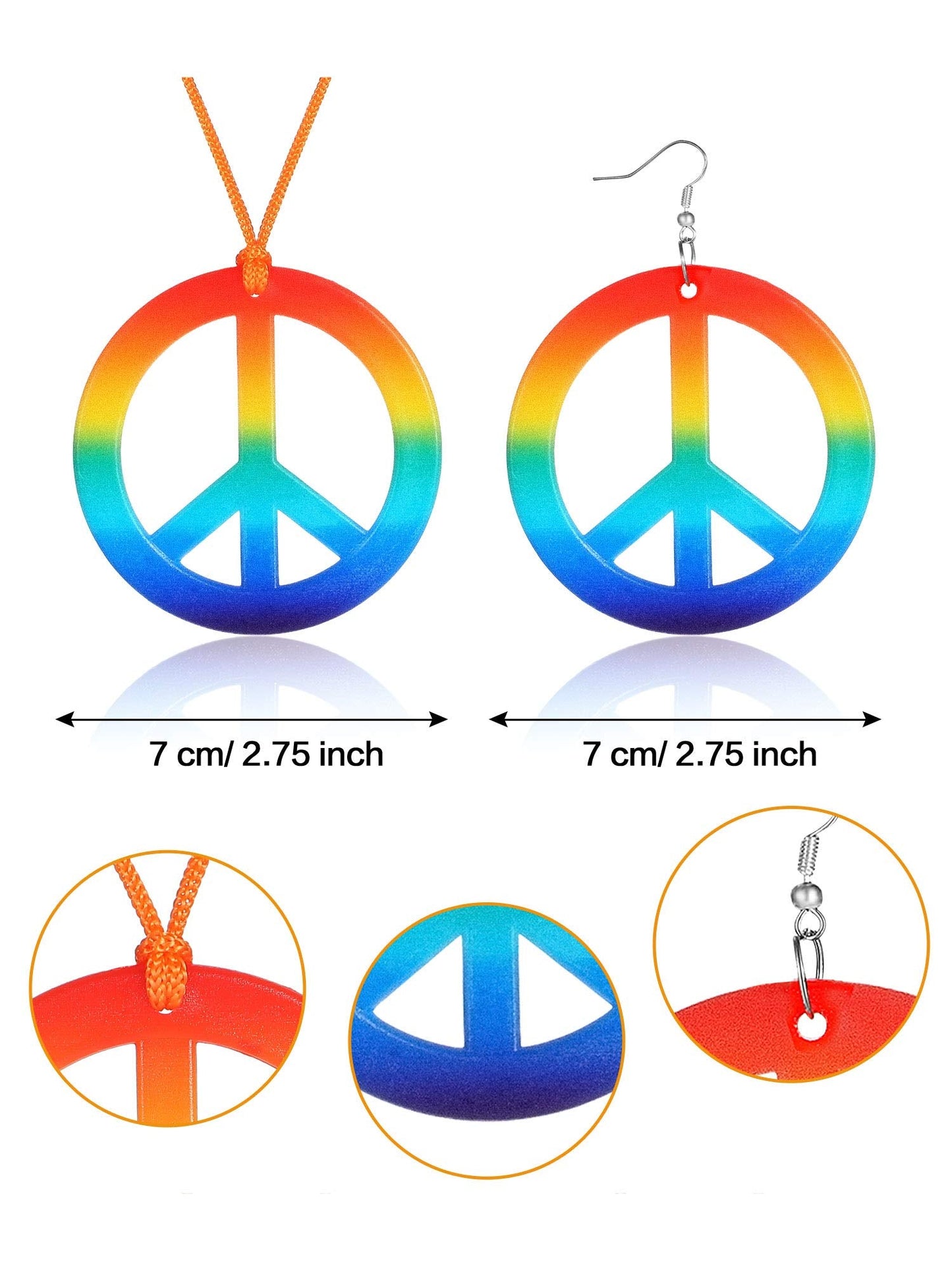 Frienda 5 Pcs Hippie Costume Set Glasses Headband Peace Sign Earrings Necklaces Tie Dye Bandana Hippie Accessory for 60s 70s(Rainbow Style)