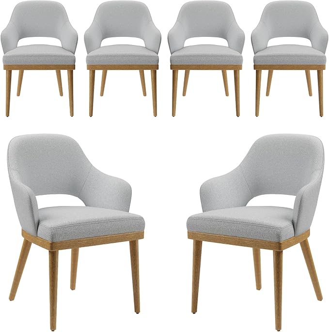 MALOL Wooden Dining Chairs Set of 6, Modern Fabric Upholstered Dining Room Chair, Kitchen Side Chairs, Farmhouse Dinner Chair with Open Back for Kitchen, Lightgrey