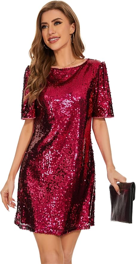 FEMI SEMI Women Puff Short Sleeve Sparkle Shift Dress Crewneck Sequin Shimmer Cocktail Party Dress