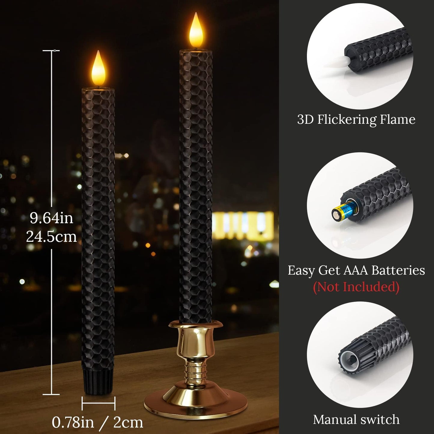 SoulBay Black Flameless Taper Candles, 9.7" Battery Operated Real Wax Honeycomb LED Window Candle Sticks with Remote & Timer, Flickering Realistic Bright Lights for Table Halloween Decorations, 6PCS