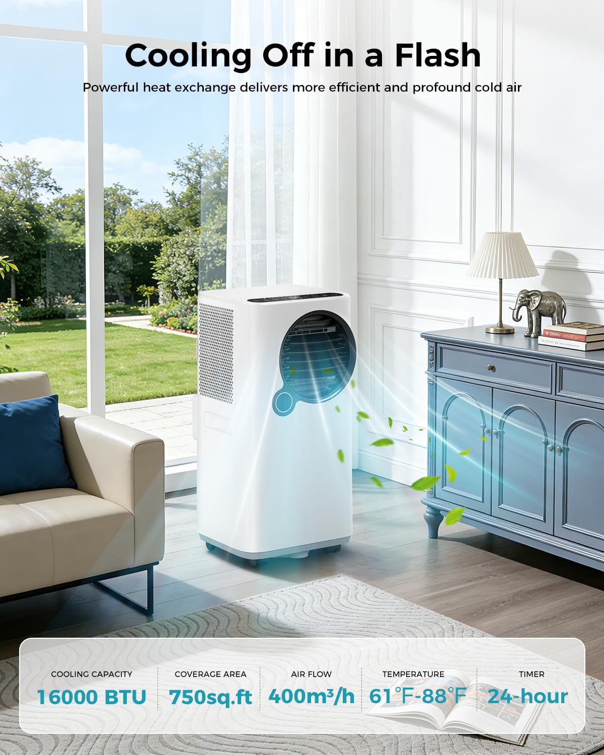 16,000 BTU Portable Air Conditioners for Large Rooms up to 750 Sq. Ft., 6-in-1 Smart Portable AC Unit with WiFi App, 50dB Quiet Sleep Mode, 24H Timer, Dehumidifier Fan for Bedroom, Living Room, Office